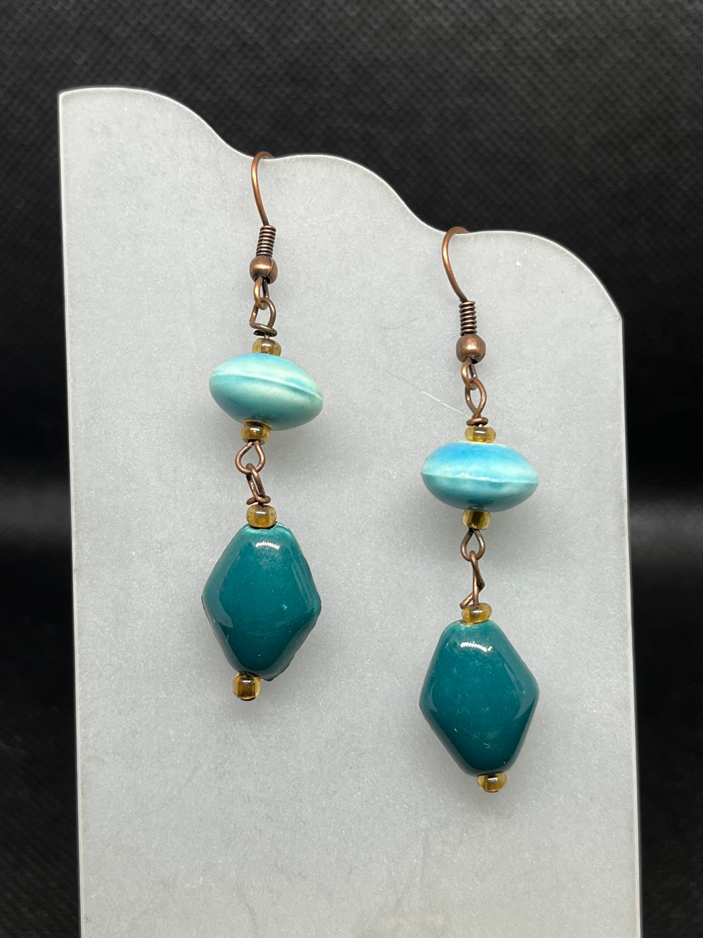 Teal ceramic bead dangle earrings E821