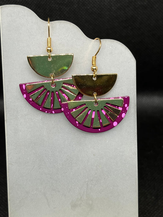 Purple and pink half circle with gold accents earrings E846