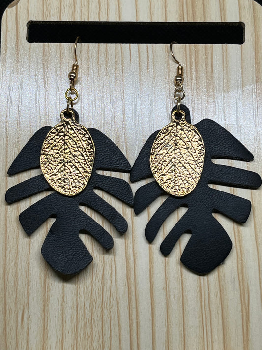 Black leaf with gold leaf charm earrings TK15