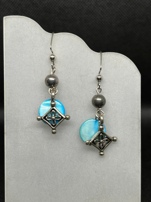 Blue shell with silver charm earrings E834