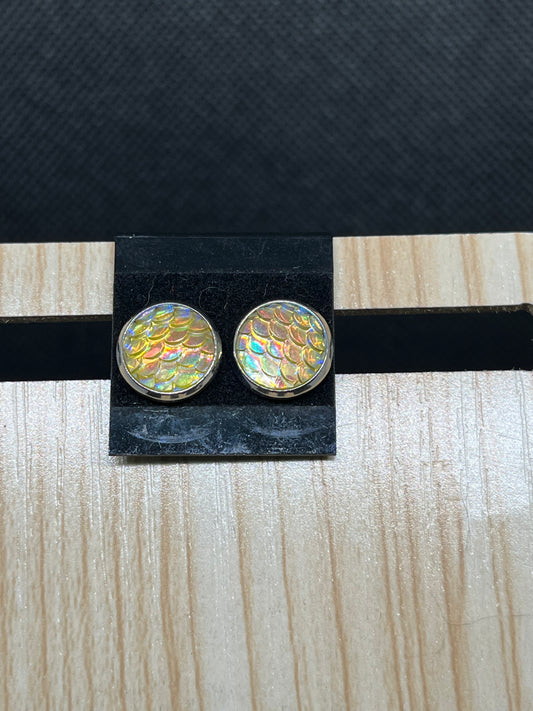 Iridescent, yellow scale, stud earrings E861