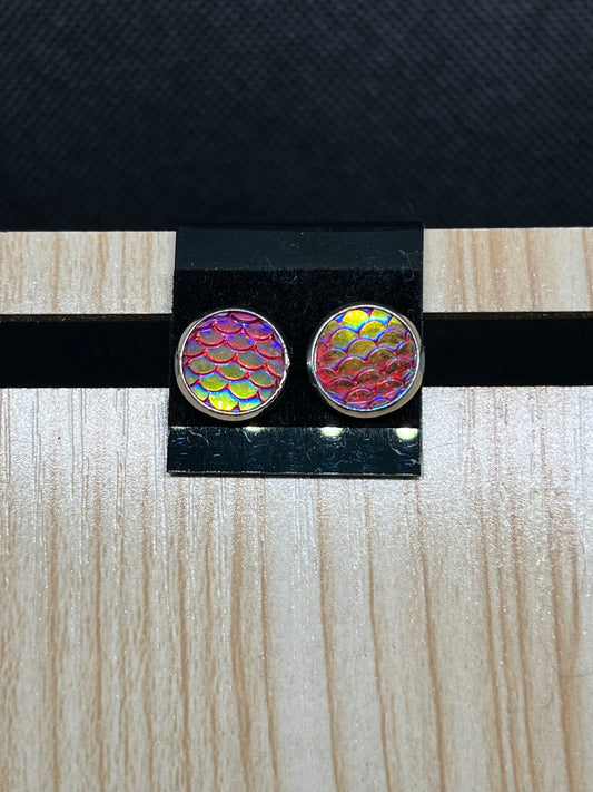 Iridescent, red scale, stud earrings E862