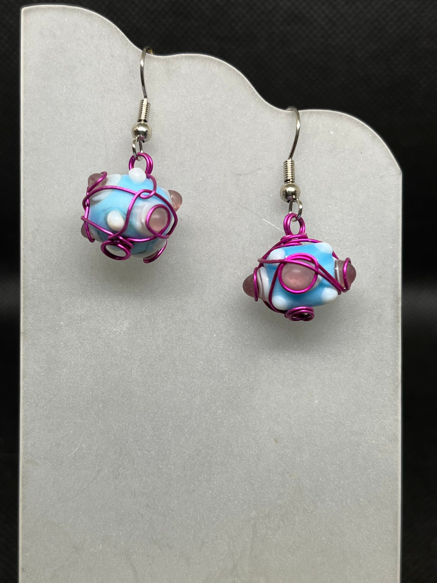 Blue and pink with pink wire wrapping earrings E832