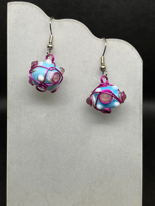 Blue and pink with pink wire wrapping earrings E832
