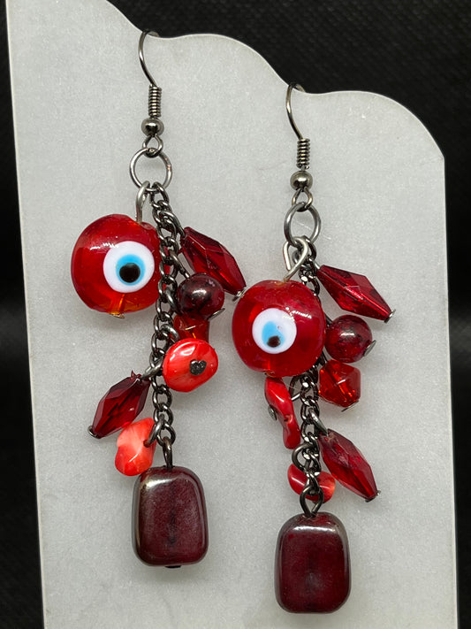 Red “evil eye” dangle earrings E793