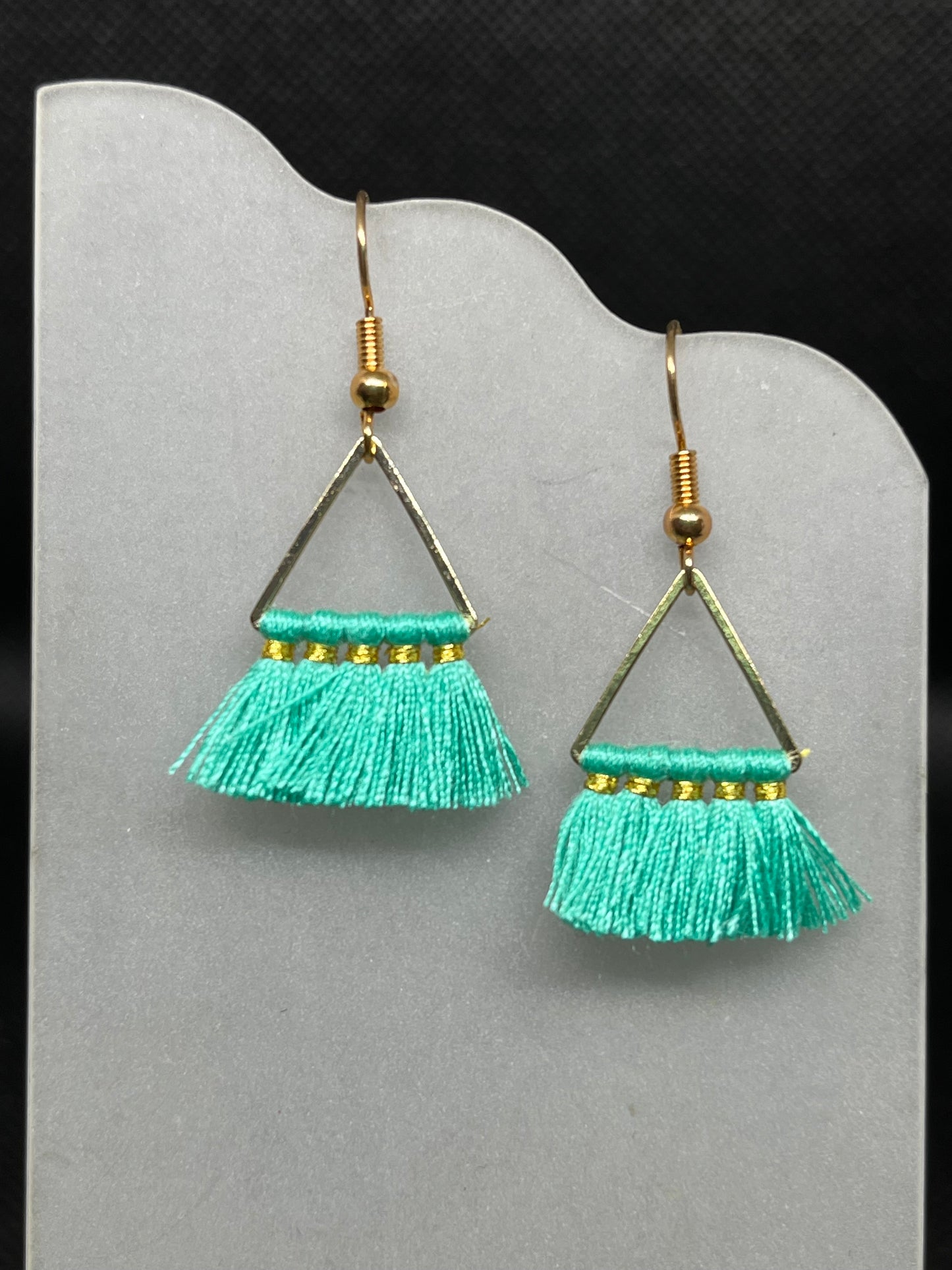 Triangle teal tassel earrings E816