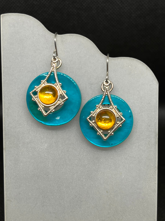 Teal and Amber dangle earrings E819