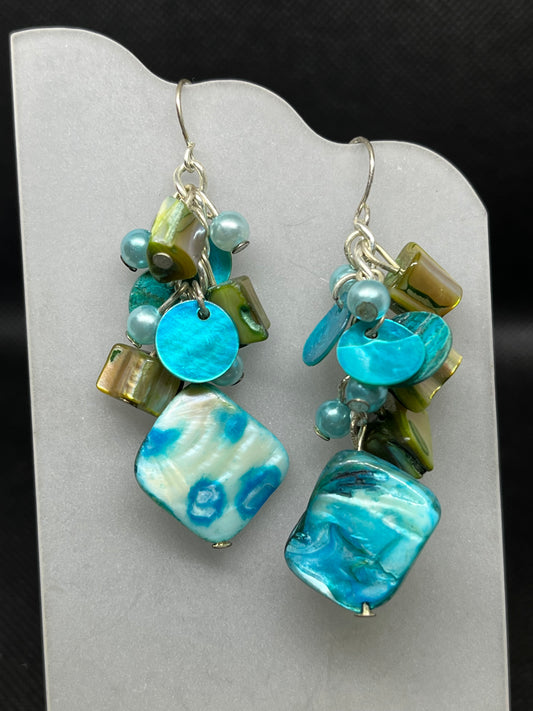Teal and green shell and pearl dangle earrings E826