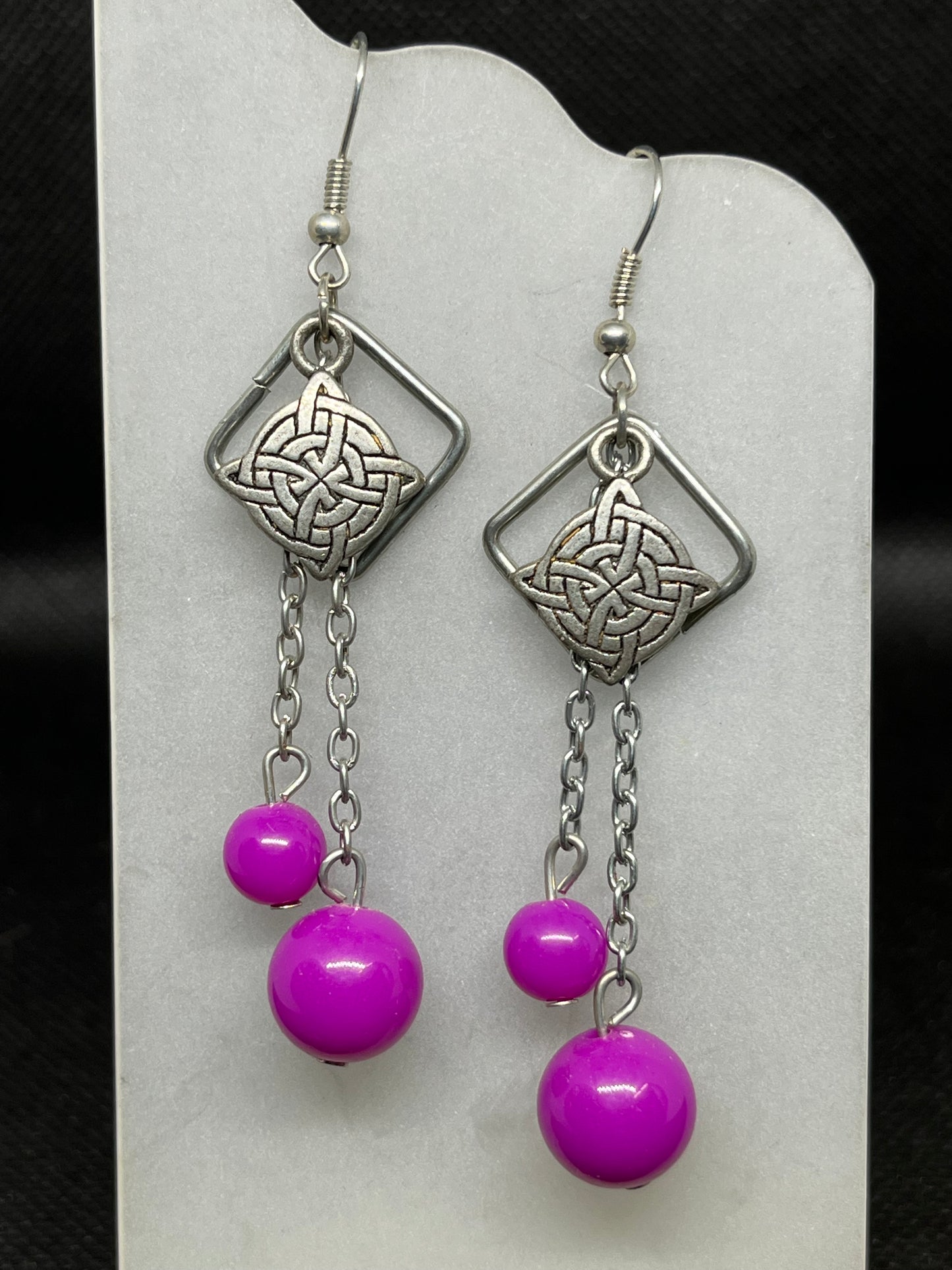 Celtic knot charm with purple bead dangle earrings E845